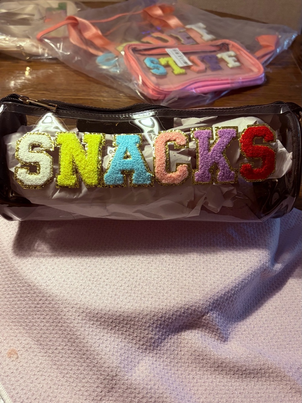 - Multicolor Letters bag says snacks can be used for anything new Gold Hardware